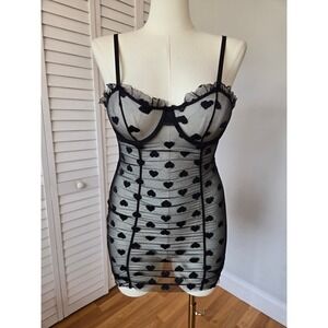 Black Sheer Mesh Heart Print Rushed Mini Dress Size M Y2K Coquette Romantic